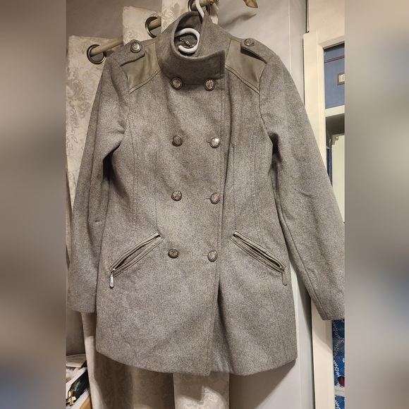 Vince Camuto Faux Leather Trim Double Breasted Wool Military Coat M - Picture 5 of 10